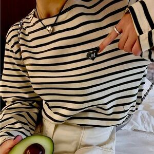 Mirra Masa Cotton Navy & White Striped Pullover Long Sleeve Top, One Size